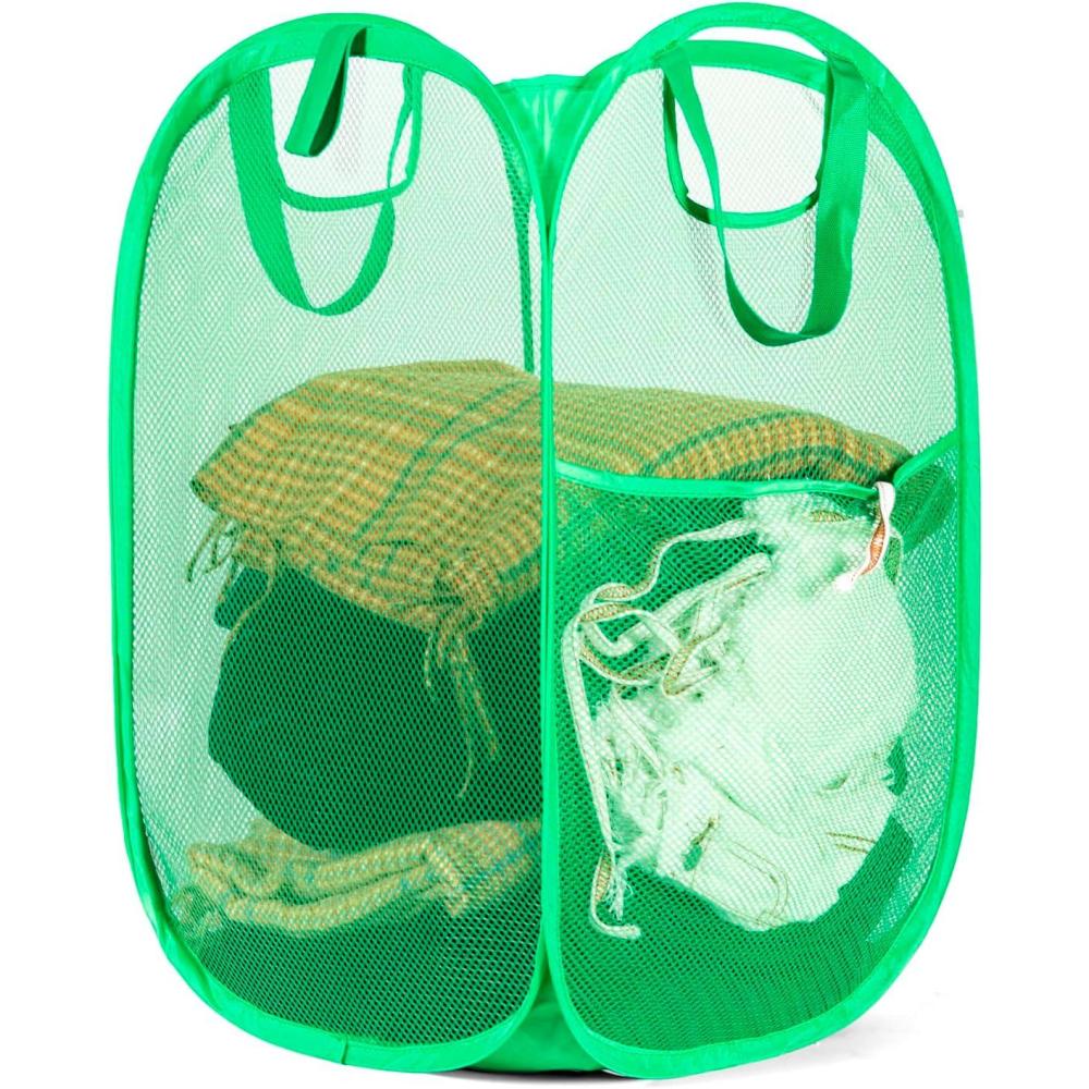 image:imageHOUSE AGAIN 2 Pcs Pop Up Laundry Hamper Strong Mesh Laundry Baskets Collapsible Hamper with Handles and Side Pocket Portable Foldable Dirty Clothes for Dorm Laundry room and Travel Storage GreyGreen