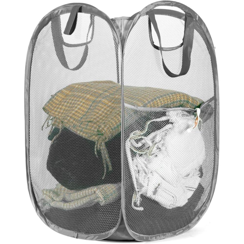 image:imageHOUSE AGAIN 2 Pcs Pop Up Laundry Hamper Strong Mesh Laundry Baskets Collapsible Hamper with Handles and Side Pocket Portable Foldable Dirty Clothes for Dorm Laundry room and Travel Storage GreyGray