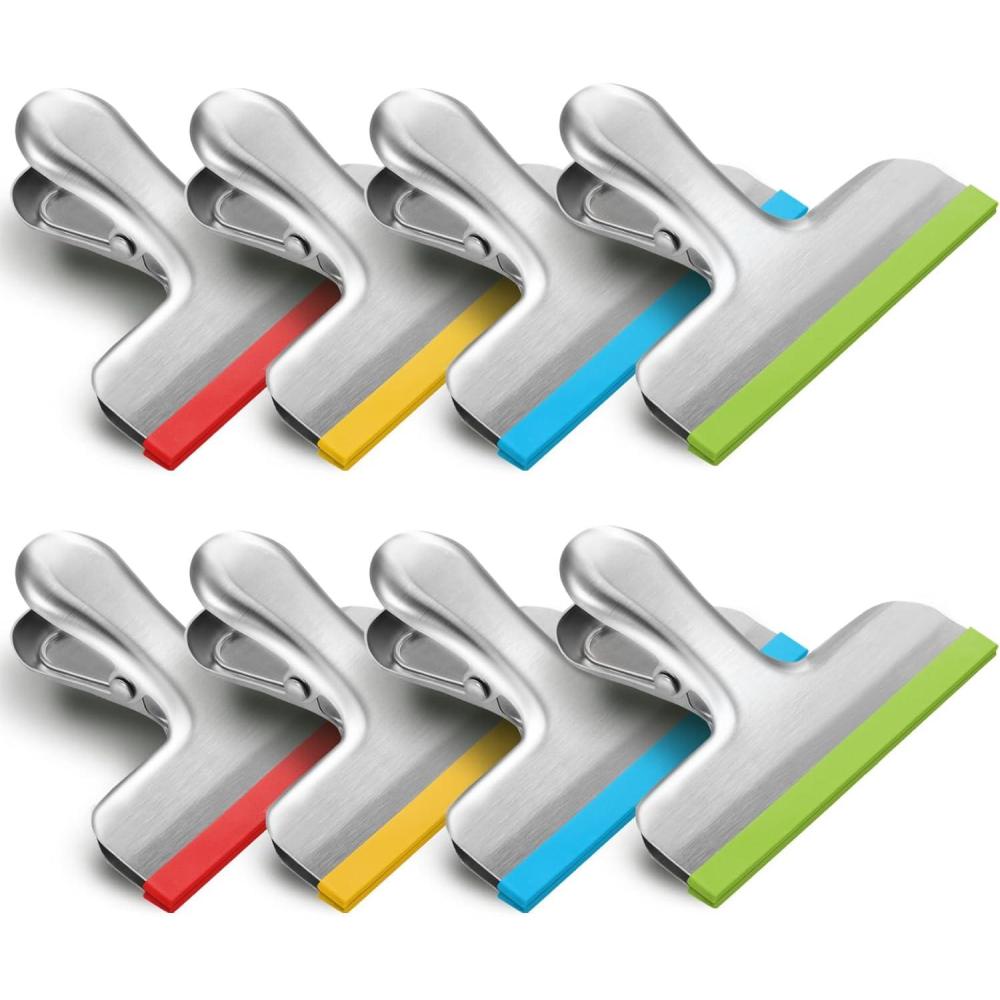 image:imageHOUSE AGAIN 8 Pack Stainless Steel Chip Bag Clips Covered with Silicone  NO More Sharp Edges  Color Coded for Food Bags  Air Tight Seal Heavy Duty for Kitchen and Office 3 Inches Wide BlackSilver