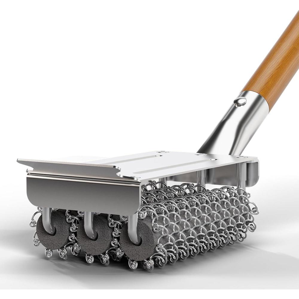 image:imageHOUSE AGAIN Grill Brush Bristle Free 304 Stainless Steel FoodGrade Brush Head with Scraper Safe BBQ and Grill Grate Cleaner Non Wire Outdoor Grill Cleaning Brush wWooden Handle Gift for MenDad