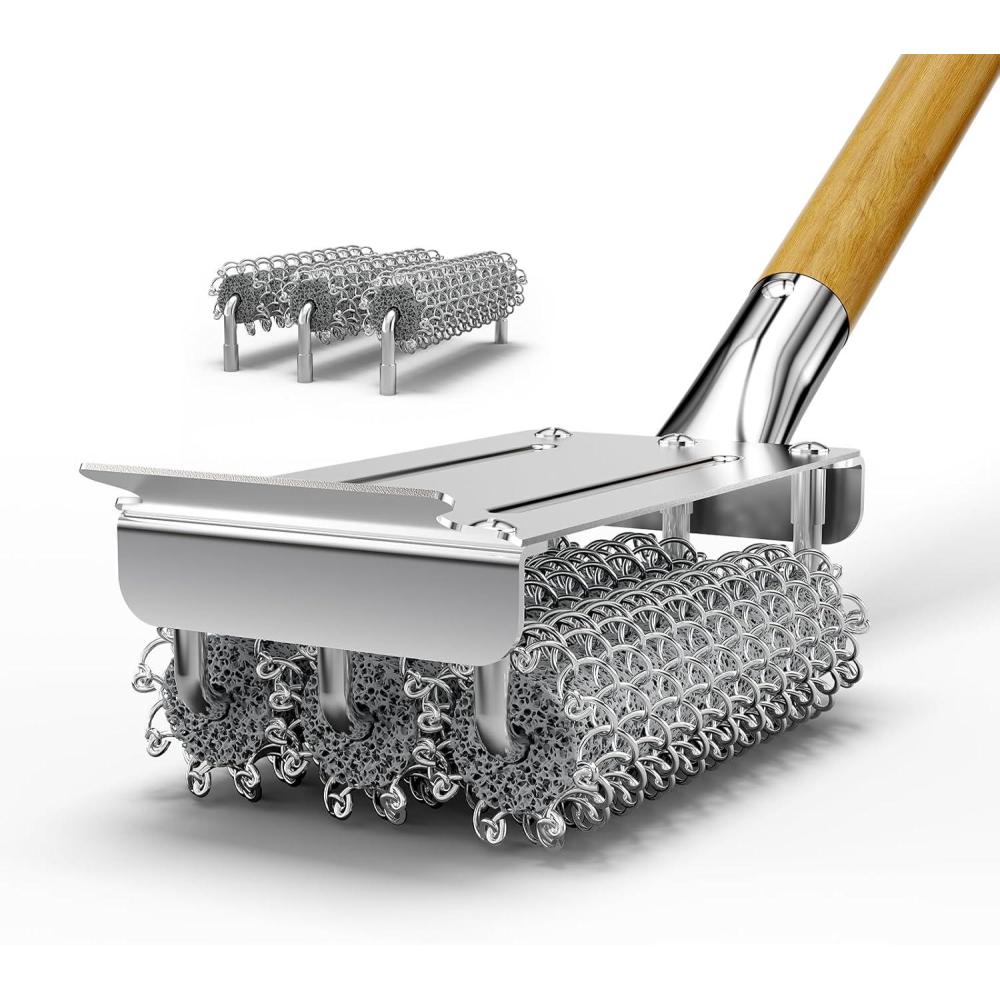 image:imageHOUSE AGAIN Grill Brush Bristle Free with 3 replacement heads Safe BBQ and Grill Grate Cleaner Non Wire Outdoor Grill Cleaning Brush wWooden Handle Gift for MenDad