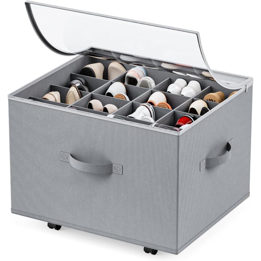 image:imageHOUSE AGAIN Shoe Organizer for Closet 2 Pack Shoe Storage Organizer with Wheels Foldable Shoe Storage Box with Adjustable Dividers and Clear Cover Reinforced Handles Fits up to 1632 Pairs GrayLight gray