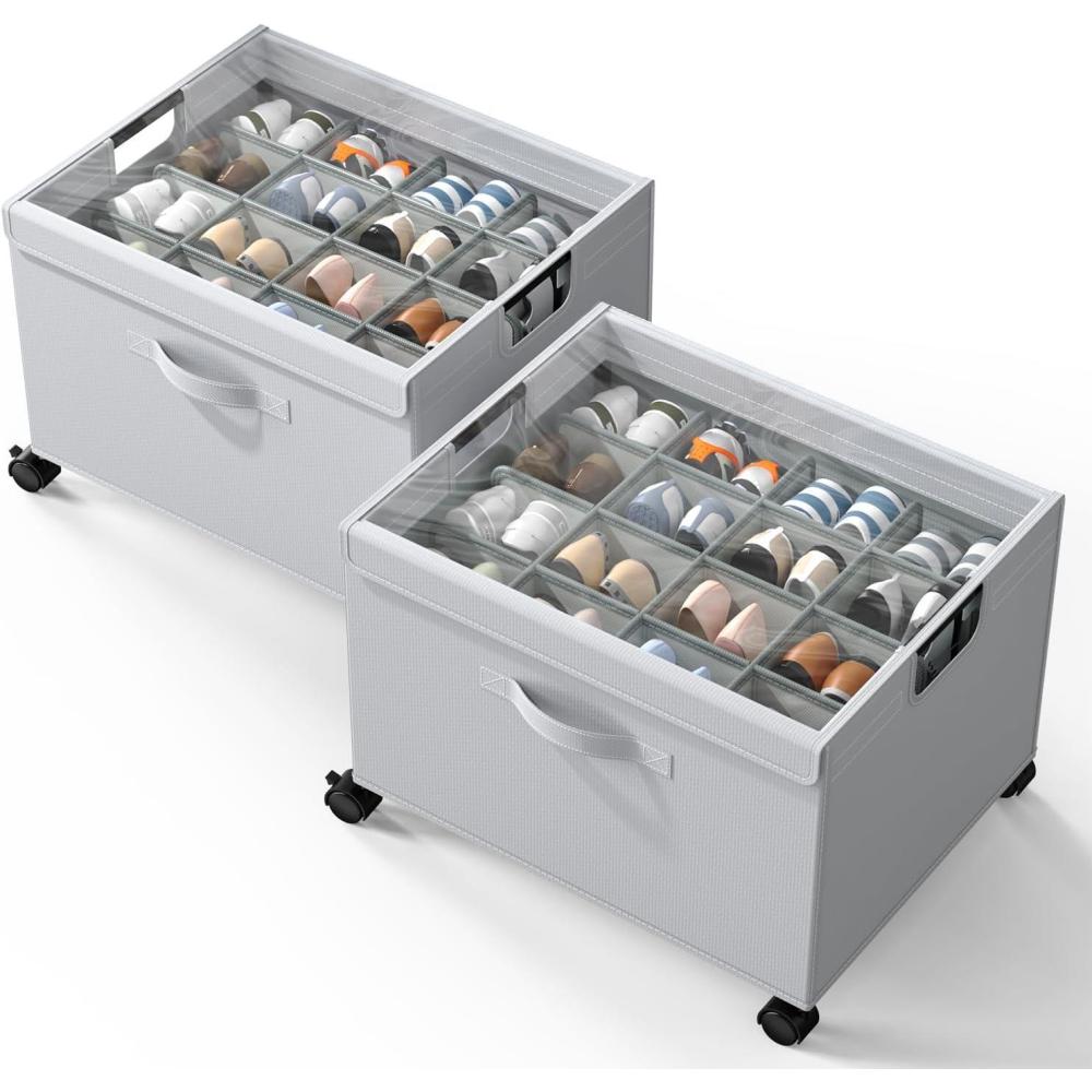 image:imageHOUSE AGAIN Shoe Organizer for Closet Foldable Shoe Storage Organizer Box with Wheels and Adjustable Dividers Sturdy Metal Frame Fits up to 1632 Pairs Large Shoes Storage with Clear Cover2 Pack