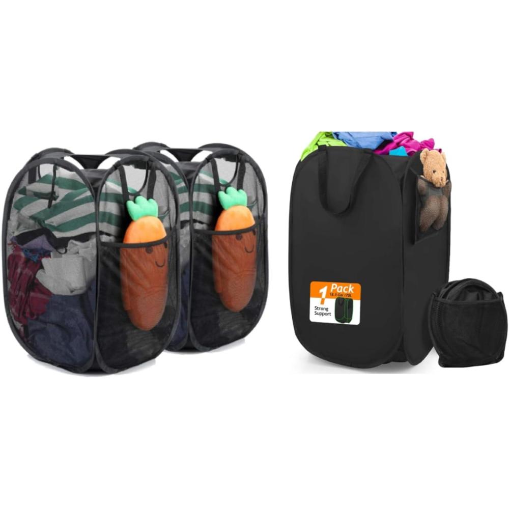 image:imageStrong Mesh Popup Laundry Hamper Quality Laundry Basket with Durable Handles Solid Bottom High Carbon Steel Frame Easy to Open and Fold Flat for Storage2 Mesh Black  1 Opaque Black