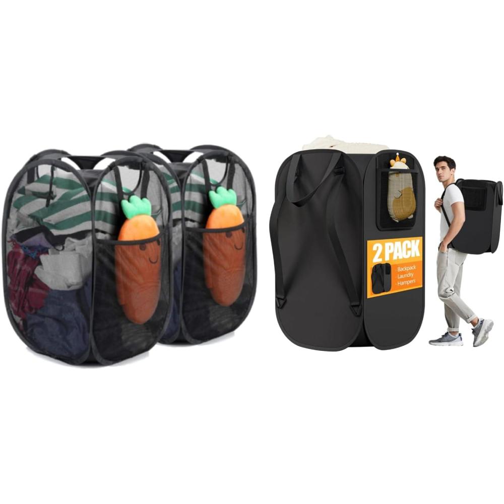 image:imageStrong Mesh Popup Laundry Hamper Quality Laundry Basket with Durable Handles Solid Bottom High Carbon Steel Frame Easy to Open and Fold Flat for Storage 2 Mesh Black  1 Backpack Laundry Bag