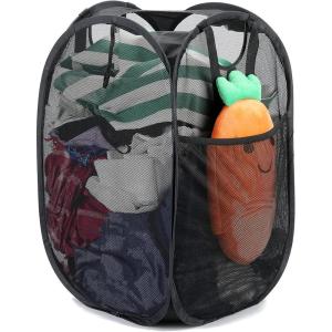 HOUSE AGAIN 2 Pcs Pop Up Laundry Hamper, Strong Mesh Laundry Baskets Collapsible, Hamper with Handles and Side Pocket, Portable Foldable Dirty Clothes for Dorm, Laundry room and Travel Storage, Grey(Black)
