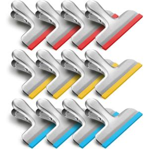 HOUSE AGAIN 8 Pack Stainless Steel Chip Bag Clips Covered with Silicone – NO More Sharp Edges – Color Coded for Food Bags – Air Tight Seal, Heavy Duty for Kitchen and Office, 3 Inches Wide, Black(Red blue yellow silver)
