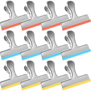 HOUSE AGAIN 8 Pack Stainless Steel Chip Bag Clips Covered with Silicone – NO More Sharp Edges – Color Coded for Food Bags – Air Tight Seal, Heavy Duty for Kitchen and Office, 3 Inches Wide, Black(Silver-small)
