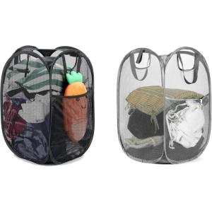 HOUSE AGAIN Mesh Popup Laundry Hamper, [Reinforced] Collapsible Laundry Basket, Foldable Pop Up Hamper with Durable Handles, Easy to Open and Fold for Dorm, Laundry Room, Bedroom, Travel(Black+Grey)