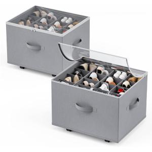 HOUSE AGAIN Shoe Organizer for Closet, 2 Pack Shoe Storage Organizer with Wheels, Foldable Shoe Storage Box with Adjustable Dividers and Clear Cover, Reinforced Handles, Fits up to 16-32 Pairs, Gray(Light gray-2 Pack)