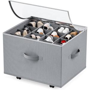 HOUSE AGAIN Shoe Organizer for Closet, 2 Pack Shoe Storage Organizer with Wheels, Foldable Shoe Storage Box with Adjustable Dividers and Clear Cover, Reinforced Handles, Fits up to 16-32 Pairs, Gray(Light gray)