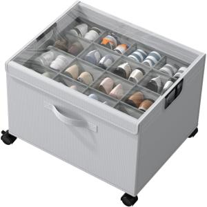 HOUSE AGAIN Shoe Organizer for Closet, Foldable Shoe Storage Organizer Box with Wheels and Adjustable Dividers, Sturdy Metal Frame Fits up to 16-32 Pairs, Large Shoes Storage with Clear Cover(1 Pack)