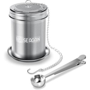 House Again Tea Infuser (2 Pack, Large + Small), Extra Fine Mesh Tea Strainers for Loose Tea, 18/8 Stainless Steel Tea Strainer with Extended Chain Hook, Tea Steeper(Large x 1 with Spoon)