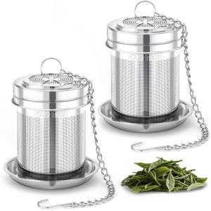 House Again Tea Infuser (2 Pack, Large + Small), Extra Fine Mesh Tea Strainers for Loose Tea, 18/8 Stainless Steel Tea Strainer with Extended Chain Hook, Tea Steeper(Small Glossy x 2)