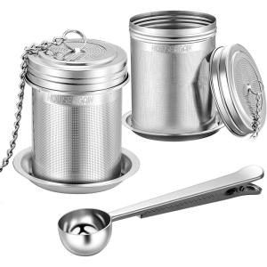 House Again Tea Infuser (2 Pack, Large + Small), Extra Fine Mesh Tea Strainers for Loose Tea, 18/8 Stainless Steel Tea Strainer with Extended Chain Hook, Tea Steeper(Small x 2 with Spoon)