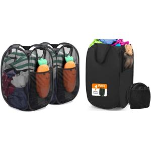 Strong Mesh Pop-up Laundry Hamper, Quality Laundry Basket with Durable Handles Solid Bottom High Carbon Steel Frame, Easy to Open and Fold Flat for Storage(2 Mesh Black + 1 Opaque Black)