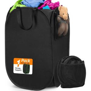 Upgraded Oxford Pop-up Laundry Hamper 2 Pack, 70L(18.5 Gal) Laundry Basket with Durable Handles Solid Bottom High Carbon Steel Frame and Side Pocket, Easy to Open and Fold Flat for Storage(Thickened-Black)
