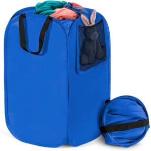 Upgraded Oxford Pop-up Laundry Hamper 2 Pack, 70L(18.5 Gal) Laundry Basket with Durable Handles Solid Bottom High Carbon Steel Frame and Side Pocket, Easy to Open and Fold Flat for Storage(Blue)