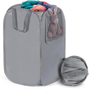Upgraded Oxford Pop-up Laundry Hamper 2 Pack, 70L(18.5 Gal) Laundry Basket with Durable Handles Solid Bottom High Carbon Steel Frame and Side Pocket, Easy to Open and Fold Flat for Storage(Grey)