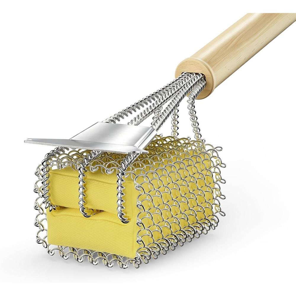 image:imageBristleFree Grill Brush with Scraper  Safe Steam Clean BBQ Brush with 18 HeatResistant Handle 304 Stainless LockedCore Mesh Head amp HD Scraper  No Loose Wires Design  Grill Grate Cleaner Tool
