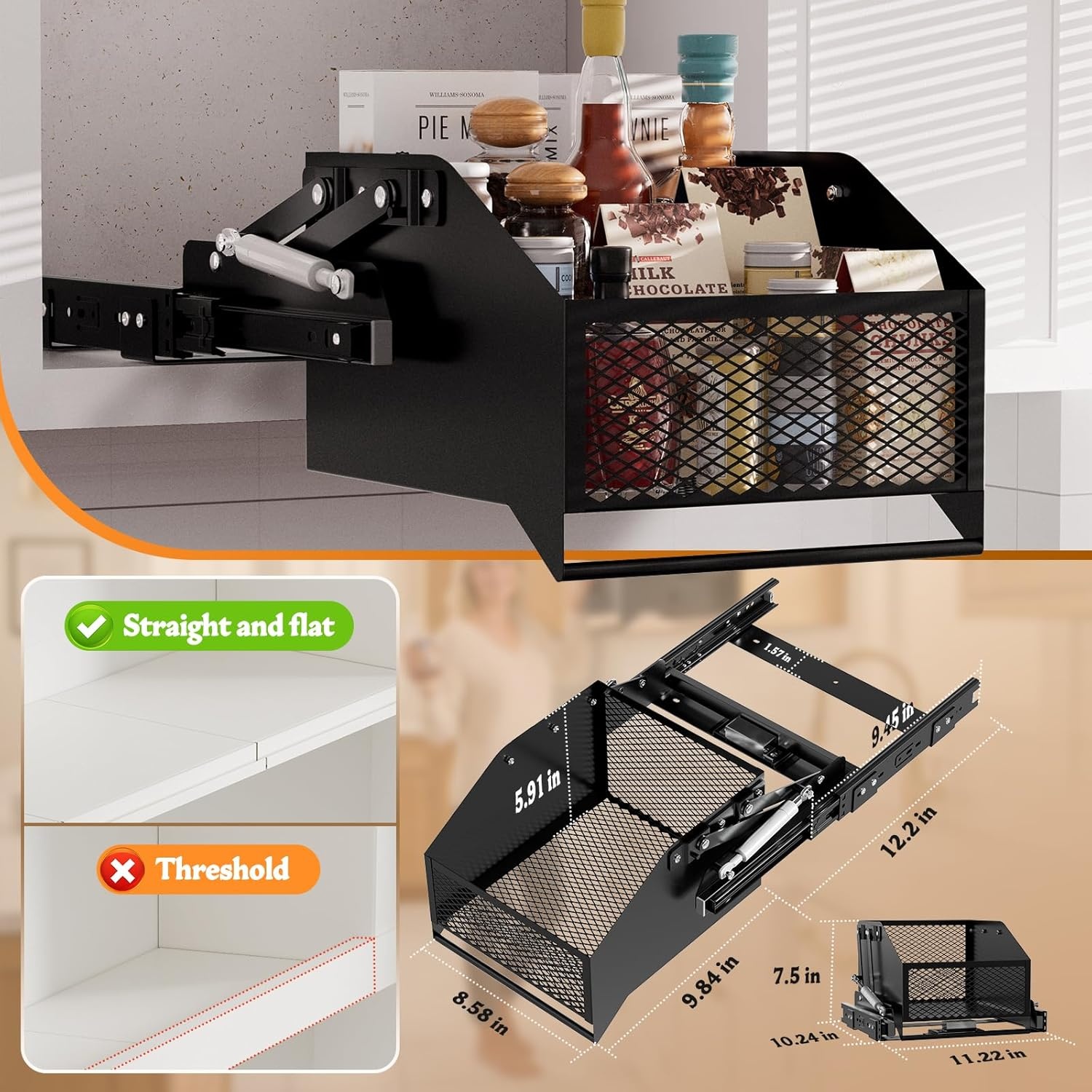 image:imageHOUSE AGAIN PullDown Cabinet Organizer for HighDeep Cabinets Drop Down Spice Rack 126 Out amp 18 Down Dual Install Screw3M Tape Fits Frameless for Spices Snacks and Small Bottles Black