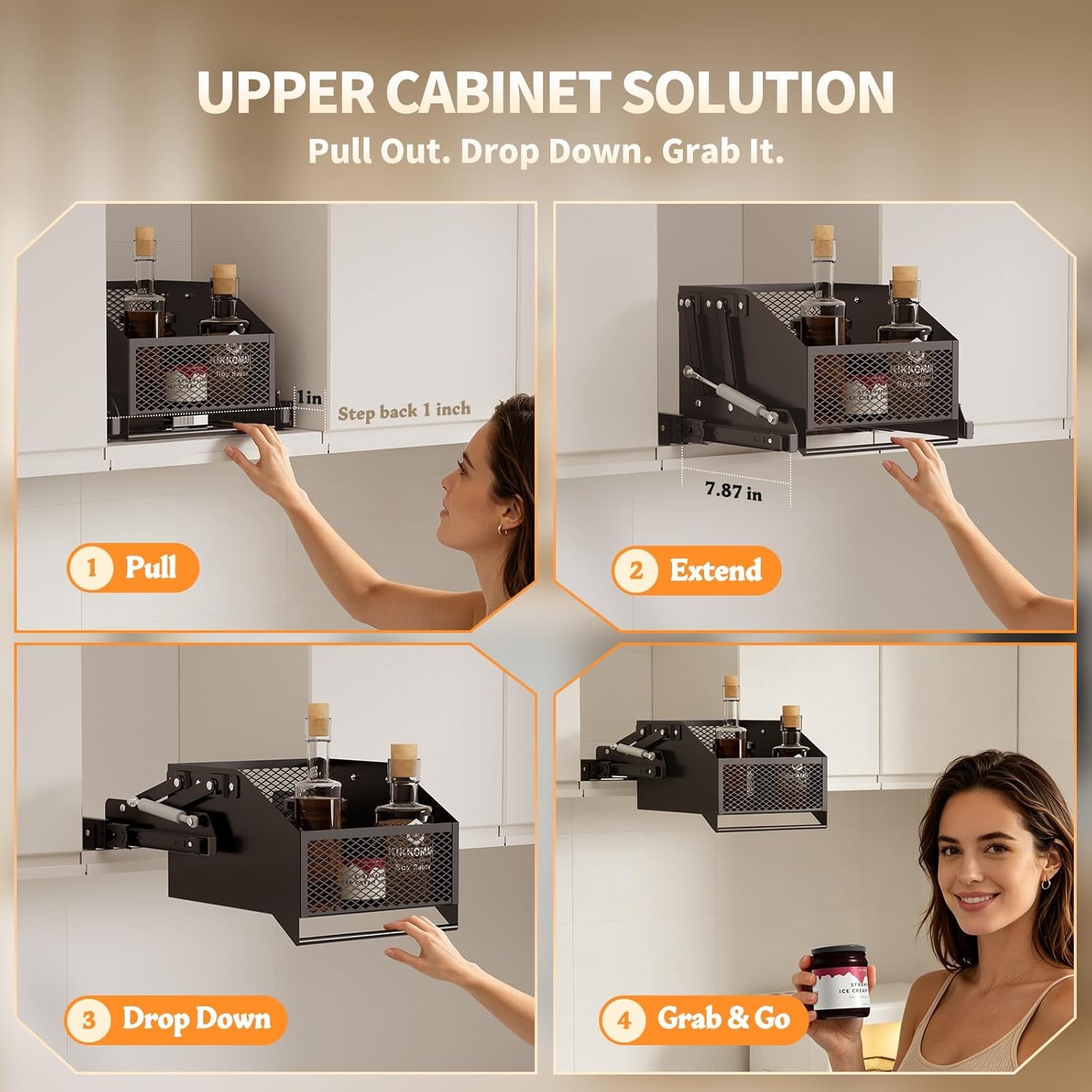 image:imageHOUSE AGAIN PullDown Cabinet Organizer for HighDeep Cabinets Drop Down Spice Rack 126 Out amp 18 Down Dual Install Screw3M Tape Fits Frameless for Spices Snacks and Small Bottles Black