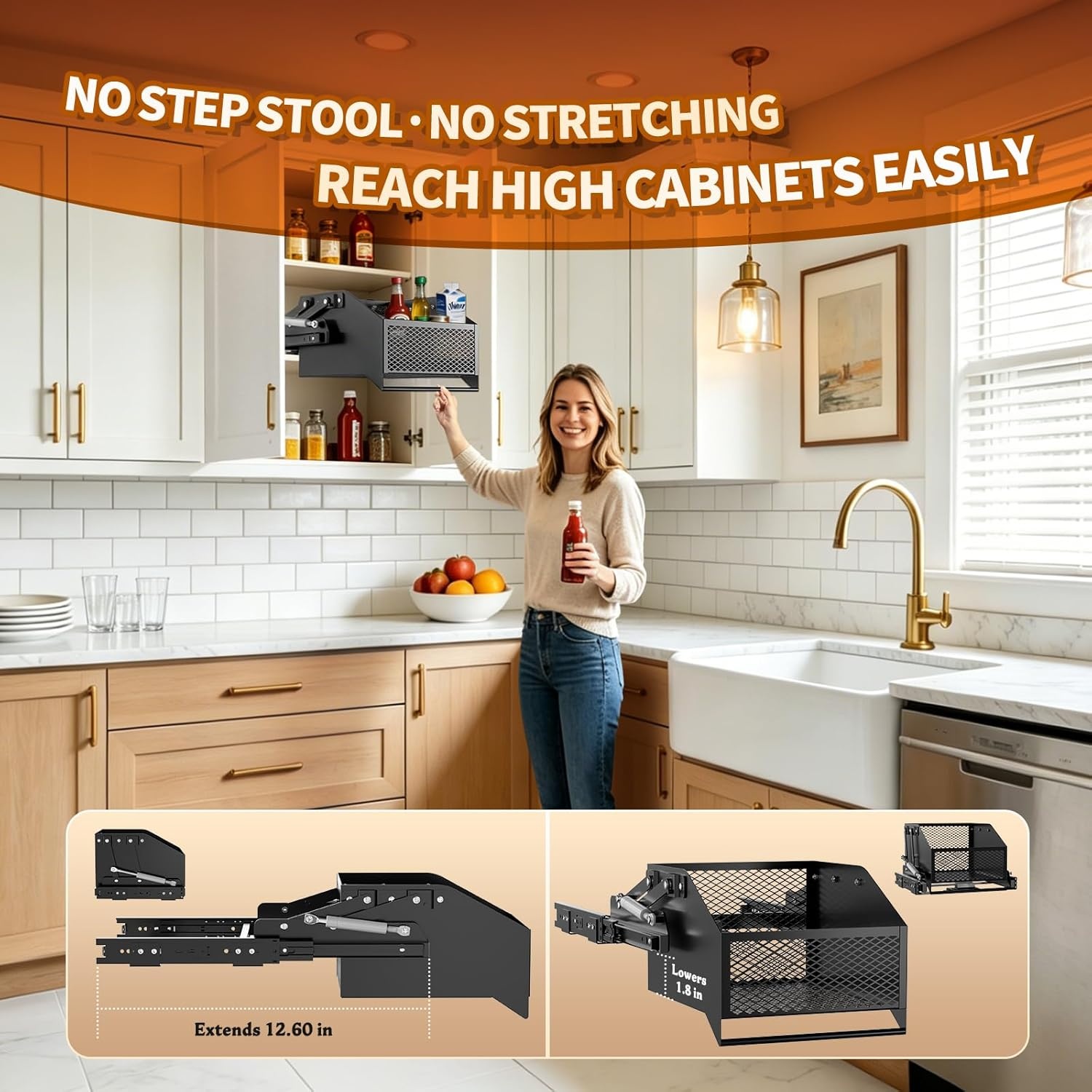 image:imageHOUSE AGAIN PullDown Cabinet Organizer for HighDeep Cabinets Drop Down Spice Rack 126 Out amp 18 Down Dual Install Screw3M Tape Fits Frameless for Spices Snacks and Small Bottles Black