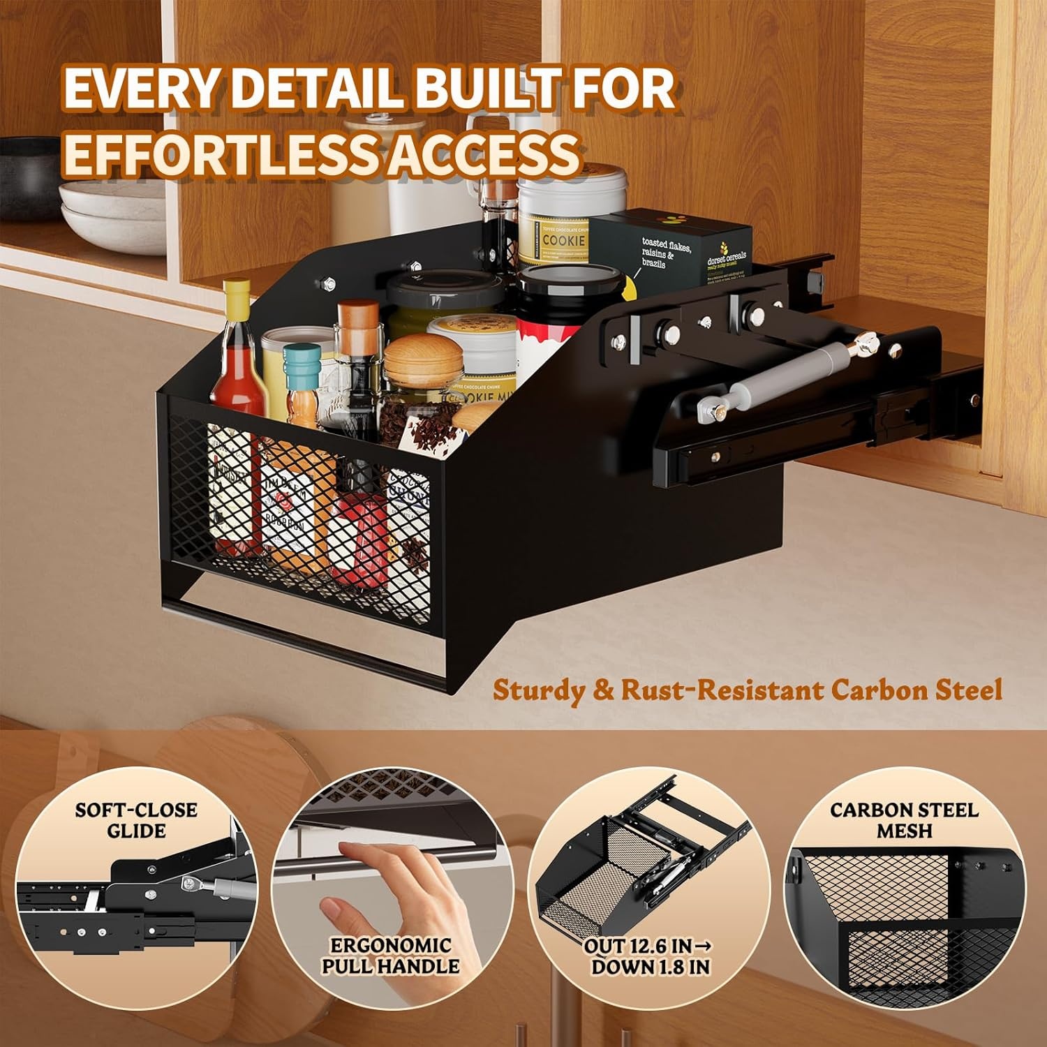 image:imageHOUSE AGAIN PullDown Cabinet Organizer for HighDeep Cabinets Drop Down Spice Rack 126 Out amp 18 Down Dual Install Screw3M Tape Fits Frameless for Spices Snacks and Small Bottles Black