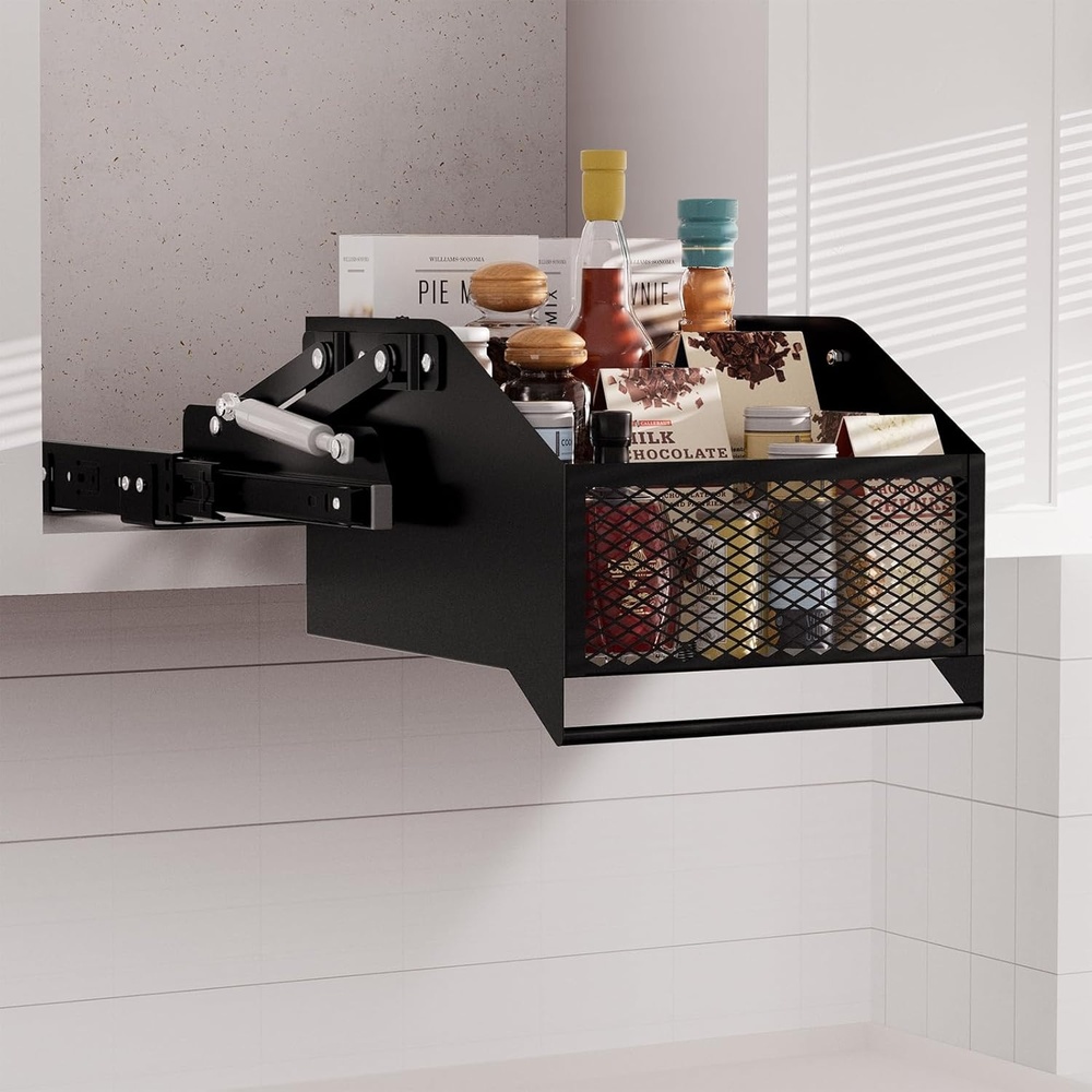 image:imageHOUSE AGAIN PullDown Cabinet Organizer for HighDeep Cabinets Drop Down Spice Rack 126 Out amp 18 Down Dual Install Screw3M Tape Fits Frameless for Spices Snacks and Small Bottles Black