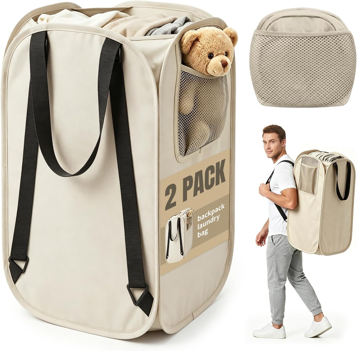 image:imageLaundry Bag House Again 2Pack 76L Heavy Duty Laundry HamperLaundry Backpack 210D Oxford Cloth with Mesh Pocket amp Sturdy Adjustable Shoulder Straps Easy to Open and Fold for College GreyBeigeBackpack