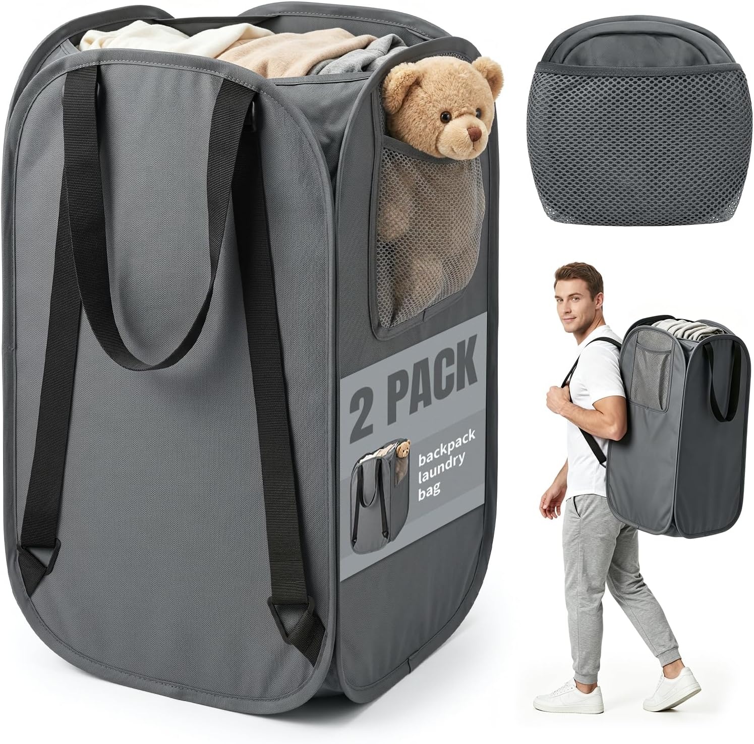 image:imageLaundry Bag House Again 2Pack 76L Heavy Duty Laundry HamperLaundry Backpack 210D Oxford Cloth with Mesh Pocket amp Sturdy Adjustable Shoulder Straps Easy to Open and Fold for College GreyGreyBackpack